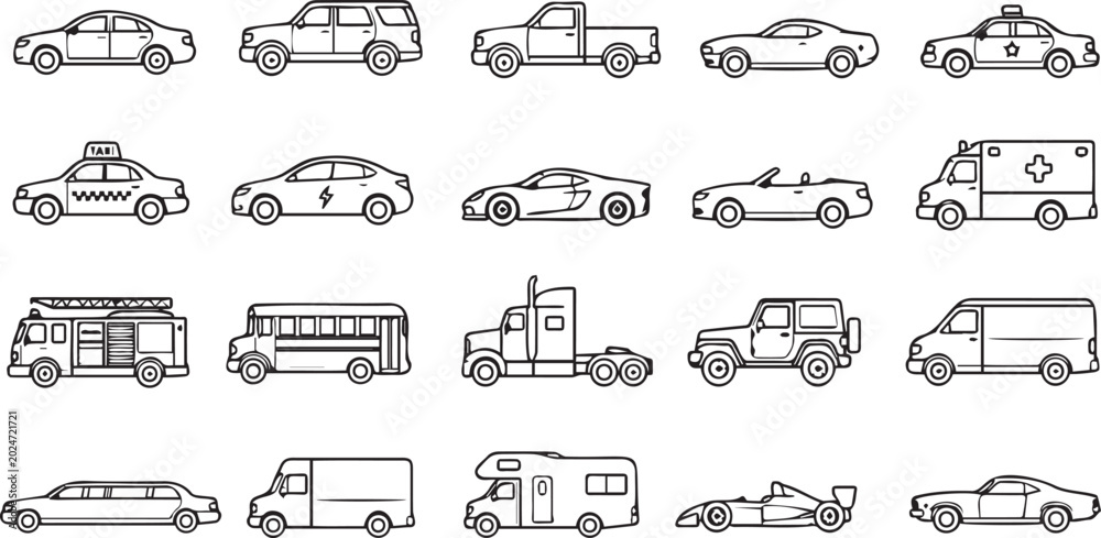 Fototapeta premium Transportation and vehicles line icon set, car and truck outline vector symbols template