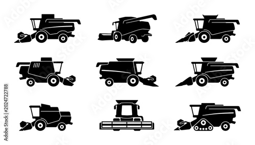 Tableau sur toile Set of 9 Black Silhouette Combine Harvester Icons, Agricultural Machinery Vector