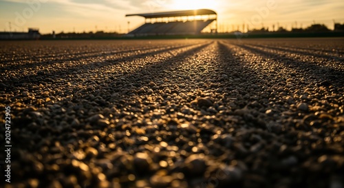 Sunset over a race track gravel trap with stadium grandstand in back.
