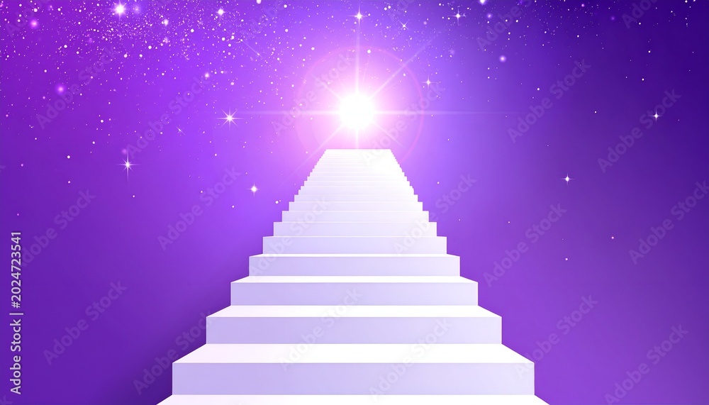 Fototapeta premium Stairway to Heaven White stairs ascend toward a radiant light in a purple cosmos