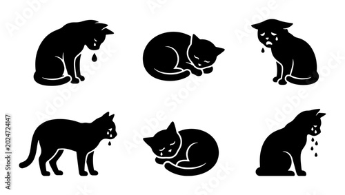 Photos Black Cat Silhouettes: Sick, Vomiting, and Sleeping Feline Poses, Vector Icons S