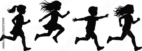 Tableau sur toile Black Silhouettes of Four Happy Children Running and Playing Together in Motion