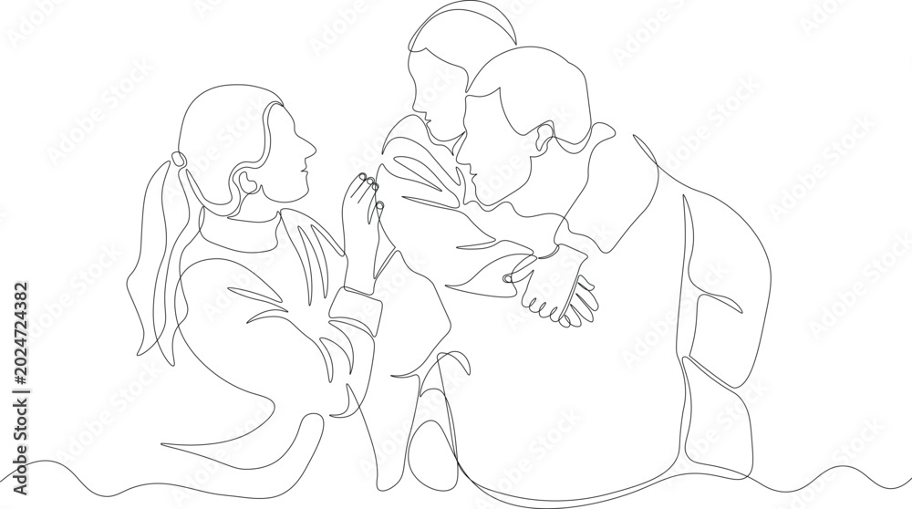 Obraz premium Continuous Line Drawing of Mother Looking at Daughter Carried by Father, Loving Family Interaction Concept