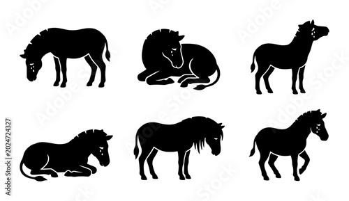 Obraz na płótnie Six Silhouette Horse Poses, Equine Vector Icons, Black Animal Graphics for Eques
