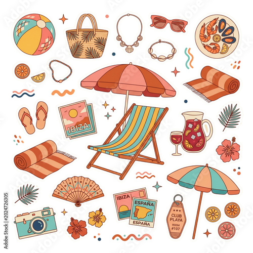 Spanish Beach Club Summer Sticker Pack Vector Set with Ibiza Vacation Icons