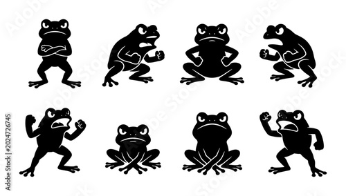 Foto Angry Frog Vector Icons Set, Expressing Frustration and Aggression, Black Silhou