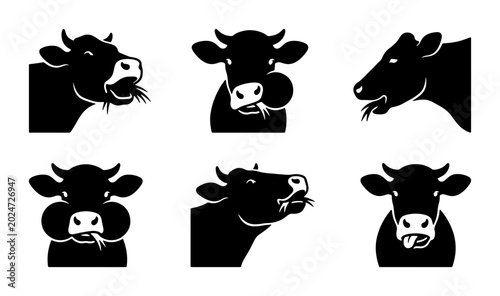 Black Silhouette Cow Icons Set, Farm Animal Faces, Livestock Expressions, Simple Vector Graphics for Dairy and Agriculture