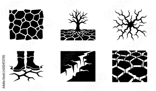 Foto Drought and Arid Land Icons: Cracked Earth, Dry Soil, Barren Tree, Boots in Mud,