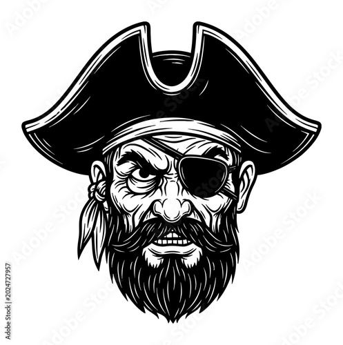 Badass Scary Grandpa Pirate with Beard and Eyepatch Black and White Outline Line Art Drawing