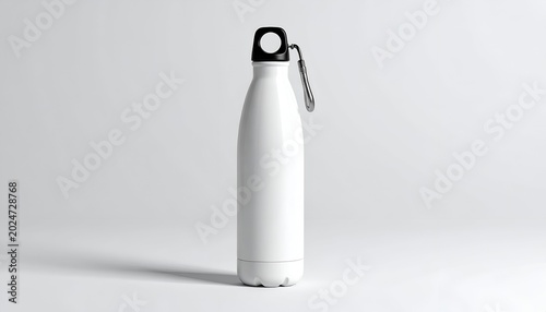 White metal water bottle with black cap and lanyard on a simple white background