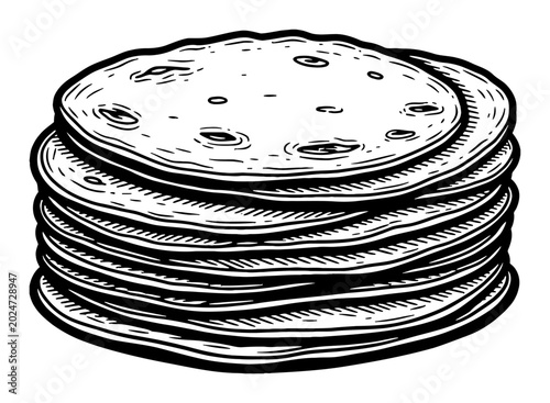 Stack of Tortillas Black and White Outline Line Art Drawing Vector Vintage Style Illustration