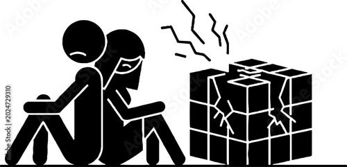 Sad couple sitting back to back near broken cube