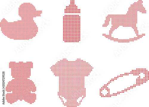 Set of six baby items in crossstitch style