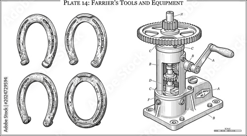 Foto Vintage farrier tools and horseshoe equipment engraving illustration with blacks