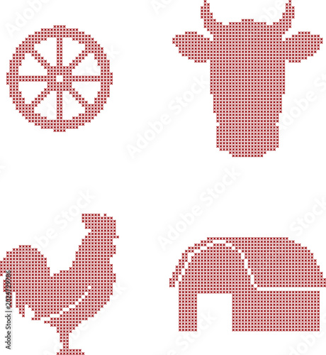 Cross stitch farm icons set wagon wheel, cow head, rooster, and barn