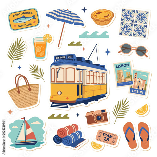 Lisbon Coastal Summer Sticker Pack Vector Set with Portuguese Vacation Icons