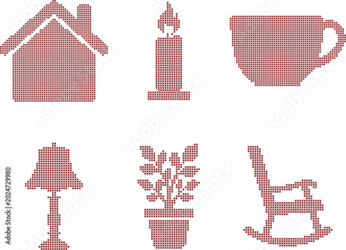 Cross stitch style icons set of home and comfort items