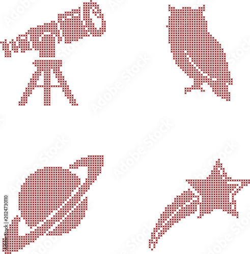 Cross stitch icons of a telescope, owl, planet, and shooting star 