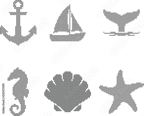 Set of nautical icons made of cross stitch pattern