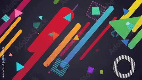 Abstract geometric design, colorful shapes and lines on dark background