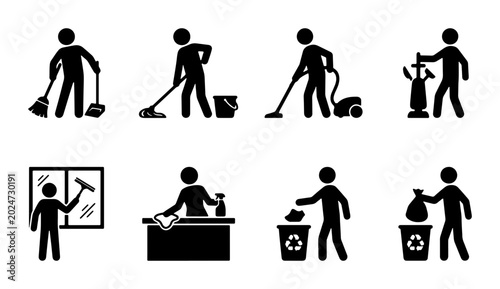 Photos Set of 8 Black Silhouette Icons for Cleaning and Housekeeping Tasks, Vector Grap
