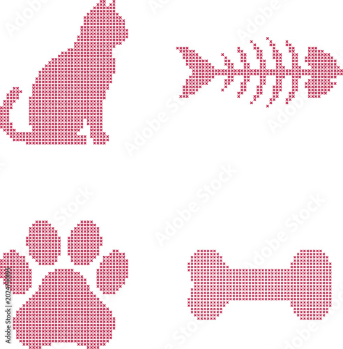 Cross stitch pet symbols set cat, fish skeleton, paw print, and bone