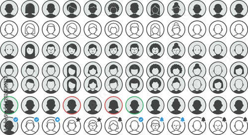 Minimalist user profile avatar line icon set vector with different people characters and corporate community account symbols