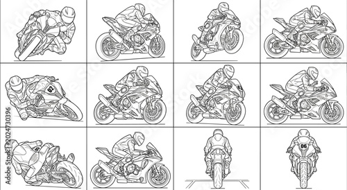 Foto Sport motorcycle racing sketch collection with superbike rider action poses isol