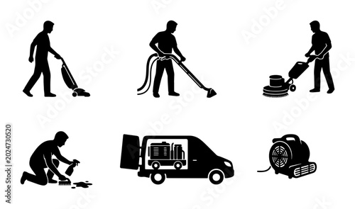 Photos Cleaning Service Icons: Vacuuming, Floor Scrubbing, Van, and Equipment Vector Se