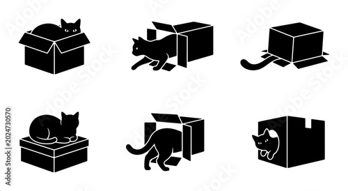 Tableau sur toile Playful Cat Icons, Vector Set: Feline Fun in Cardboard Boxes, Silhouette Graphic