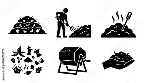Photos Composting Icons Set: Organic Waste Recycling, Garden Soil Enrichment, Sustainab