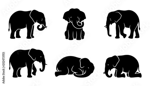 Konstfotografi Set of Six Black Elephant Silhouettes, Diverse Poses Vector Icons, African Wildl