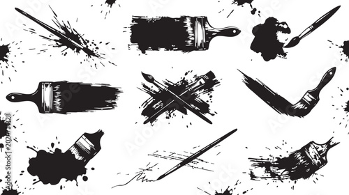 Foto Paintbrush set collection featuring black ink strokes and artistic splatter mark