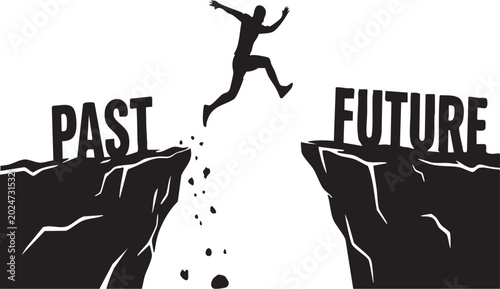 Obraz na płótnie Man jumping gap between past and future cliffs representing personal growth chan