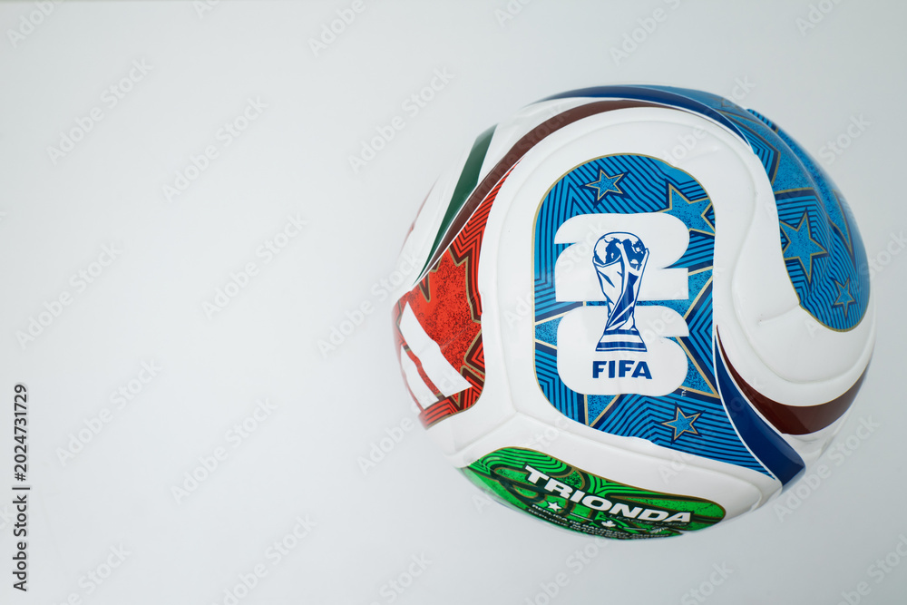 Obraz premium Bradford, UK May 17 2026: Adidas Trionda replica FIFA World Cup 2026 football. This league ball has been shot isolated with a shallow depth over a white background.