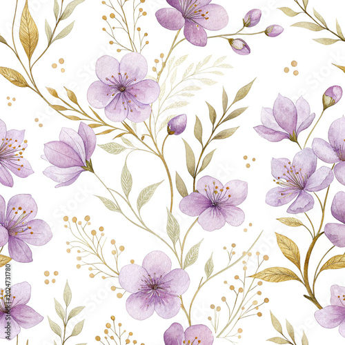 Seamless Lilac Floral Watercolor Pattern Background