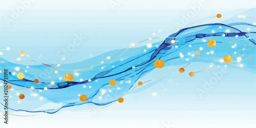 Фотография Dynamic blue abstract waves with floating golden orbs and light effects