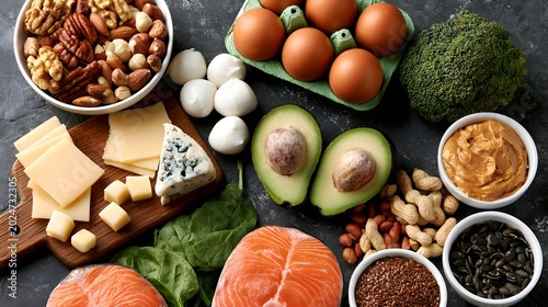 Variety of fresh, nutritious foods arranged on rustic dark surface
