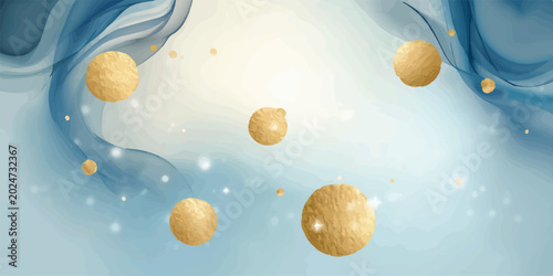 Фотография Abstract swirling blue and gold fluid waves with floating orbs and bokeh