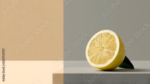 Yellow lemon slice with green leaf on gray platform