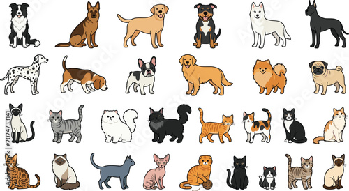 Cuadro en lienzo Collection of Popular Dog and Cat Breeds Icons Including Small and Large Pets, F