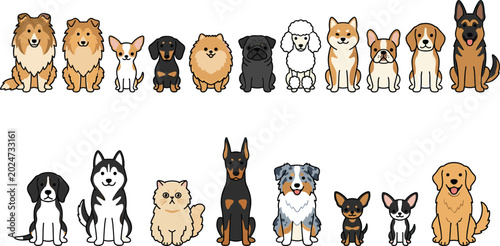 Fotografie Collection of Popular Dog Breeds Icons Including Small and Large Puppies, Domest