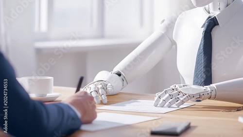 White humanoid robot wearing a tie sitting across 
from businessman at office desk during formal meeting. artificial intelligence in business, automation, 
future of work, human-robot and AI assistant