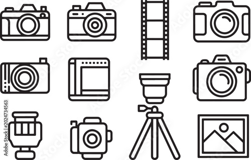 Tableau sur toile Set of line style digital camera photography equipment icons featuring film rolls tripod camera lenses and image frames  vector design