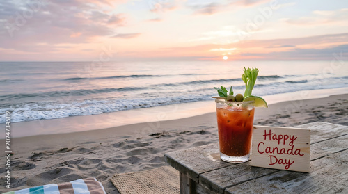 Bloody mary cocktail on beach table for canada day Canada Day