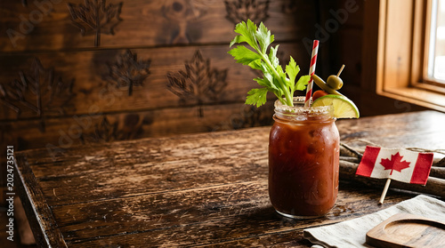 Bloody caesar cocktail with canadian flags and celery garnish Canada Day