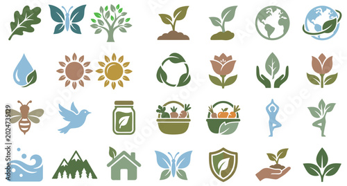 Set of eco-friendly nature icons for environmental sustainability and organic lifestyle branding