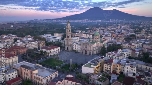 Pompeii City center at Sunrise time, Aerial shot. Santuario della Beata Vergine Maria del Santo Rosario di Pompei. 