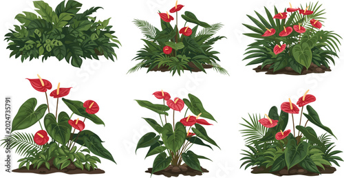 Foto Vector tropical garden design elements collection featuring red anthurium flower