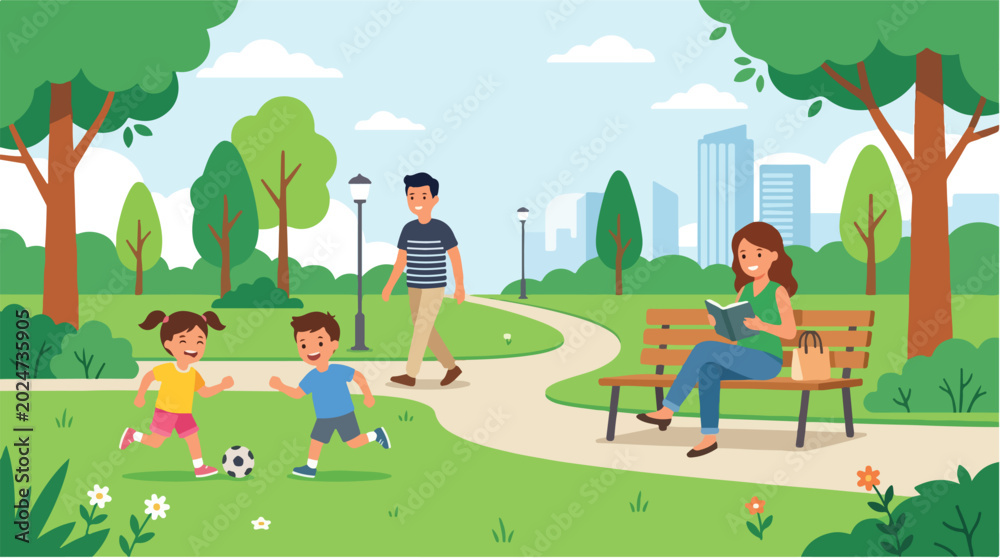 Naklejka premium People Enjoying Outdoor Activities in a Green City Park Vector Illustration 